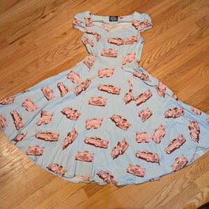 Retro/1950s Style Blue Dress with Pink Car Print- Women's 4